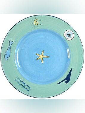 Coastal Blue & Seafoam Green Brushes Hand Painted Decorative Ceramic Plate